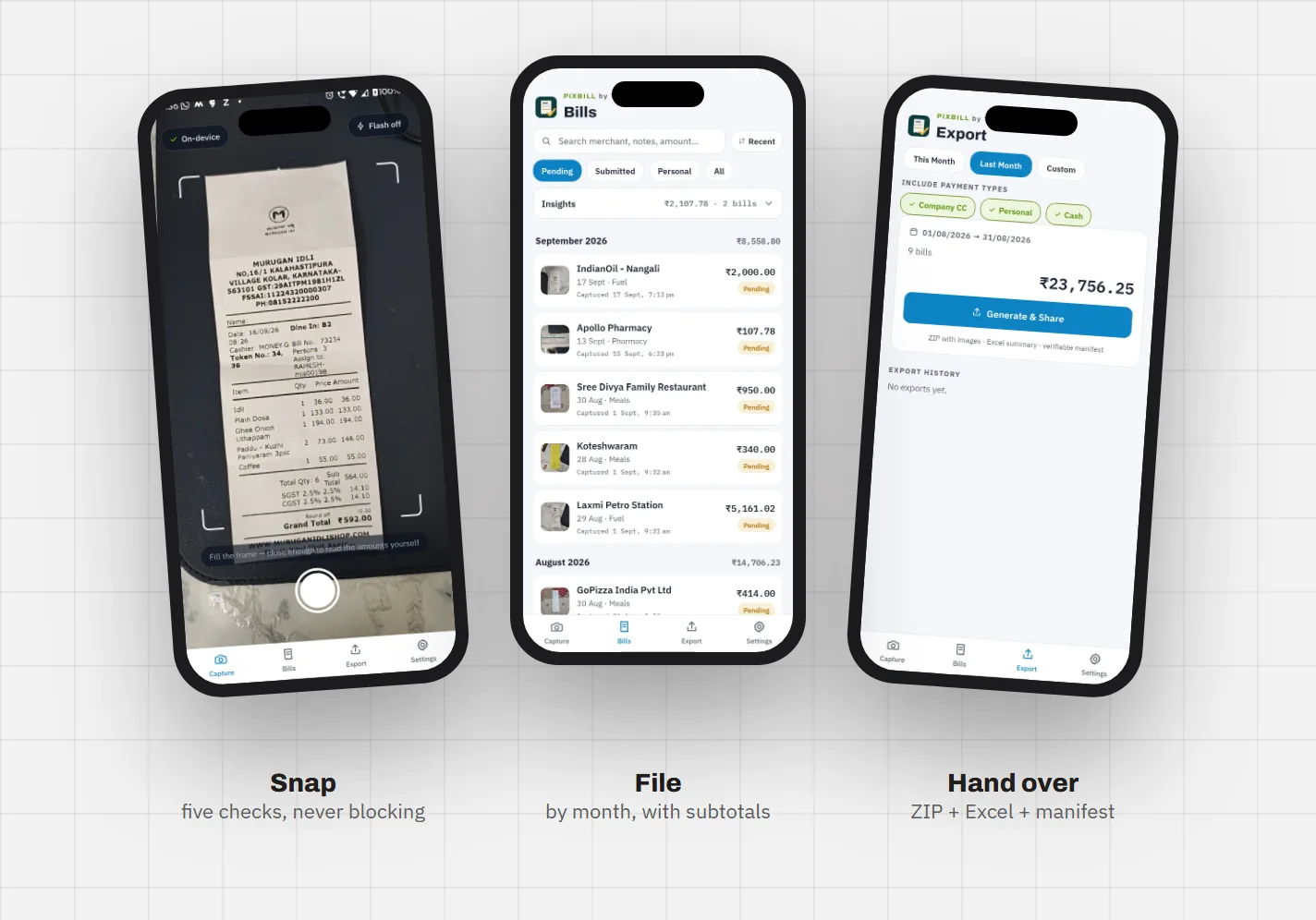 PixBill Capture, Review and Export screens on a phone