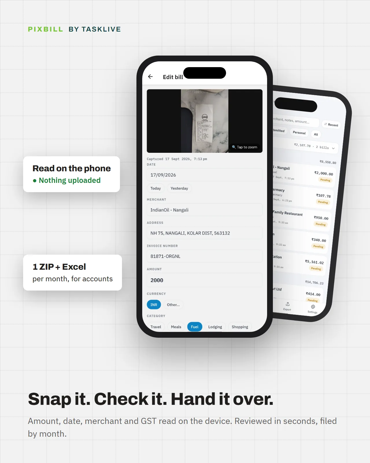 PixBill by TaskLive on a phone: the bill, what was read from it, and the export for accounts