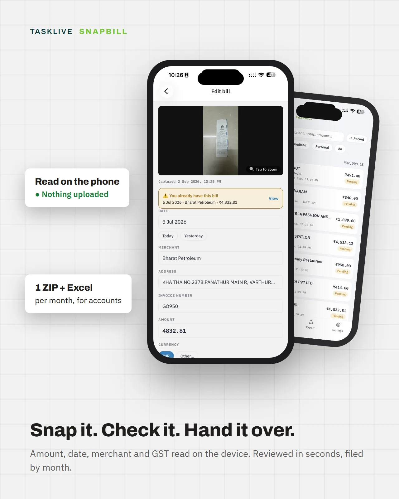TaskLive SnapBill on a phone: the bill, what was read from it, and the export for accounts