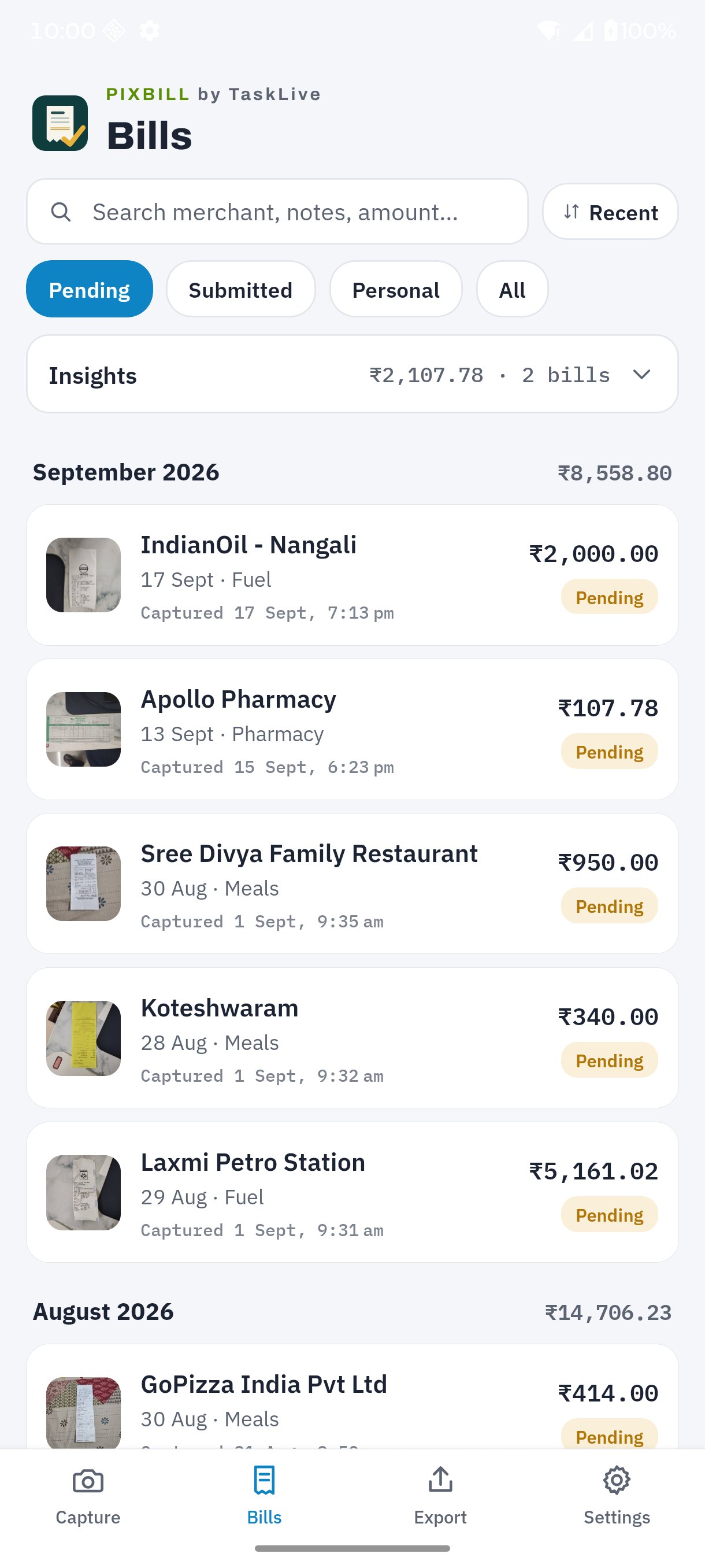 PixBill by TaskLive bills list grouped by month with Pending and Submitted chips