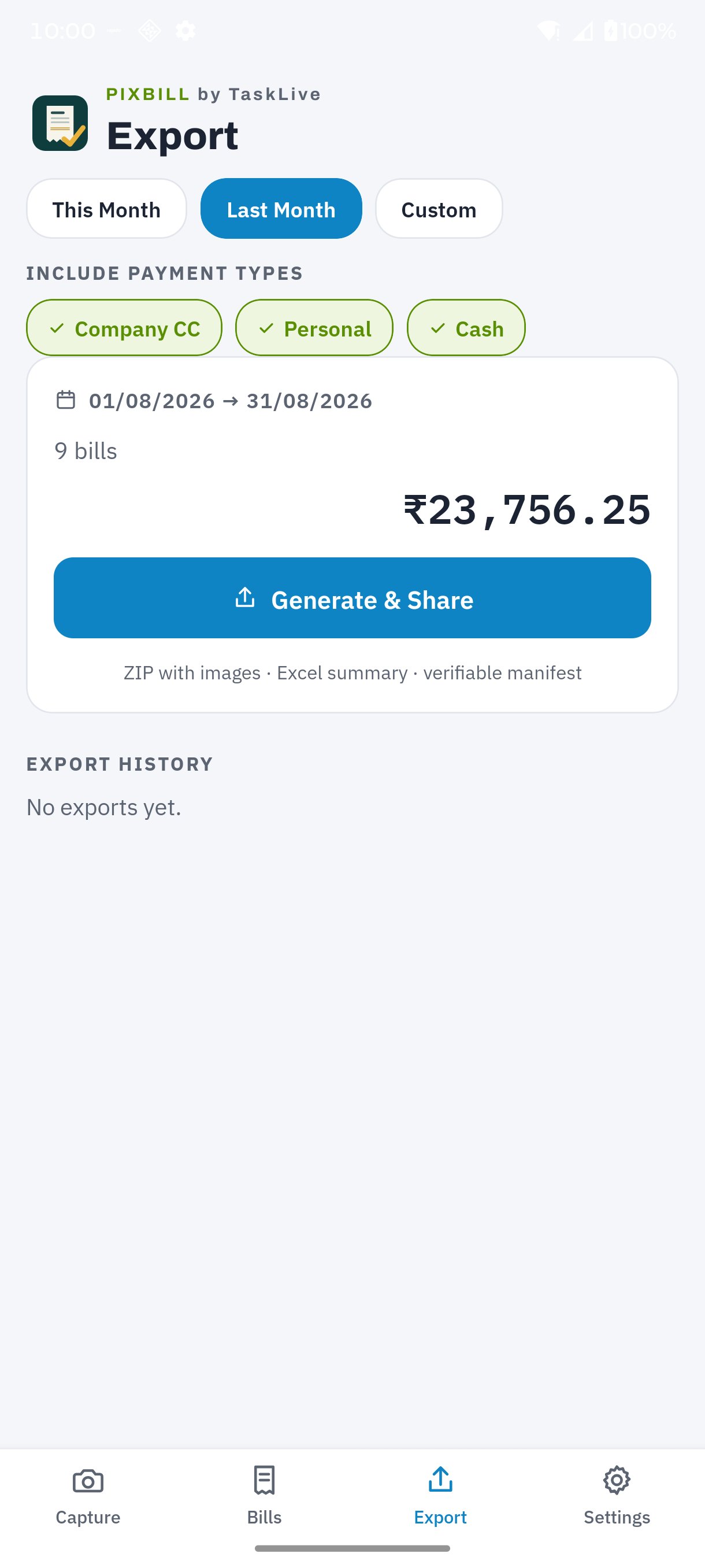 PixBill by TaskLive export screen building a month's ZIP and Excel summary