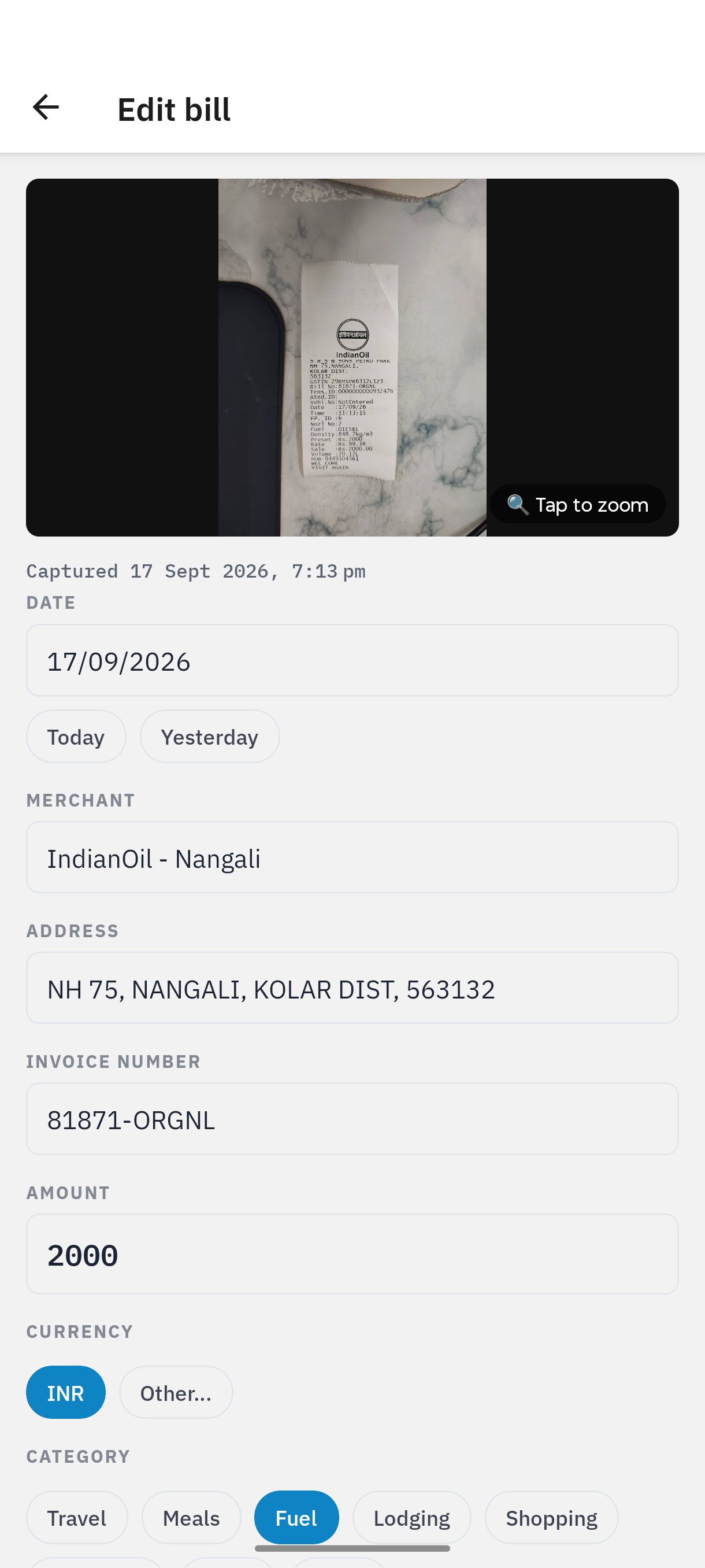 PixBill by TaskLive review screen: the bill photo beside the amount, date, merchant and tax fields it read