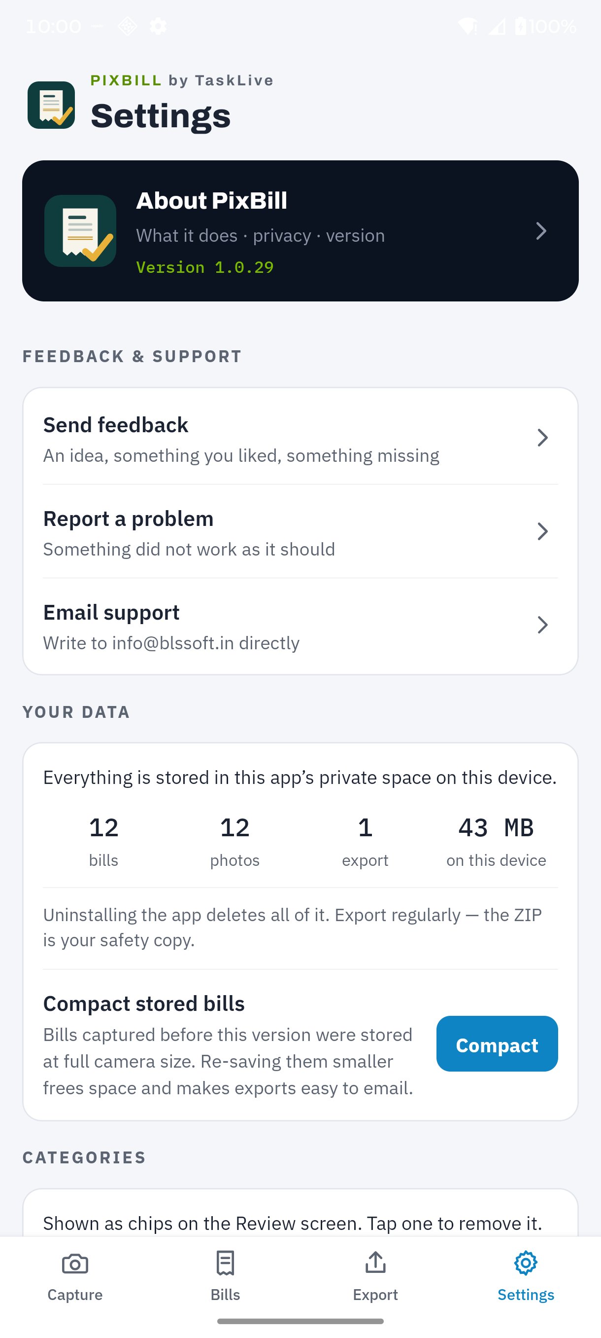 PixBill by TaskLive settings screen showing what is stored on the phone