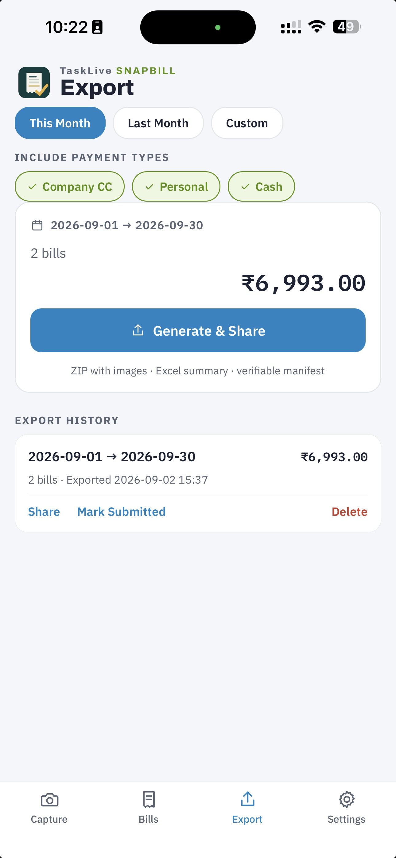 TaskLive SnapBill export screen building a month's ZIP and Excel summary