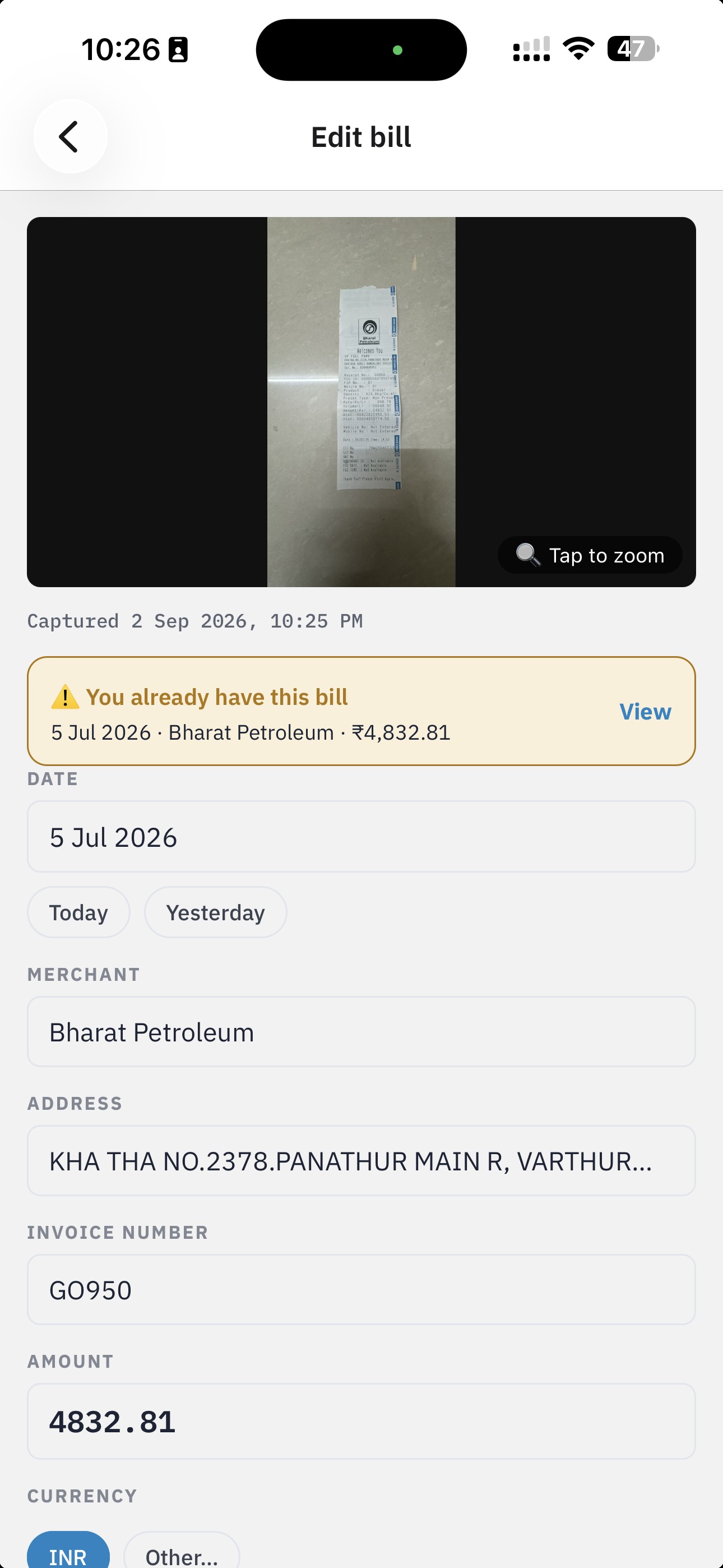 TaskLive SnapBill review screen: the bill photo beside the amount, date, merchant and tax fields it read